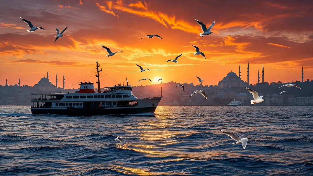 Gün batımında Boğaz'da vapur ve İstanbul silüeti